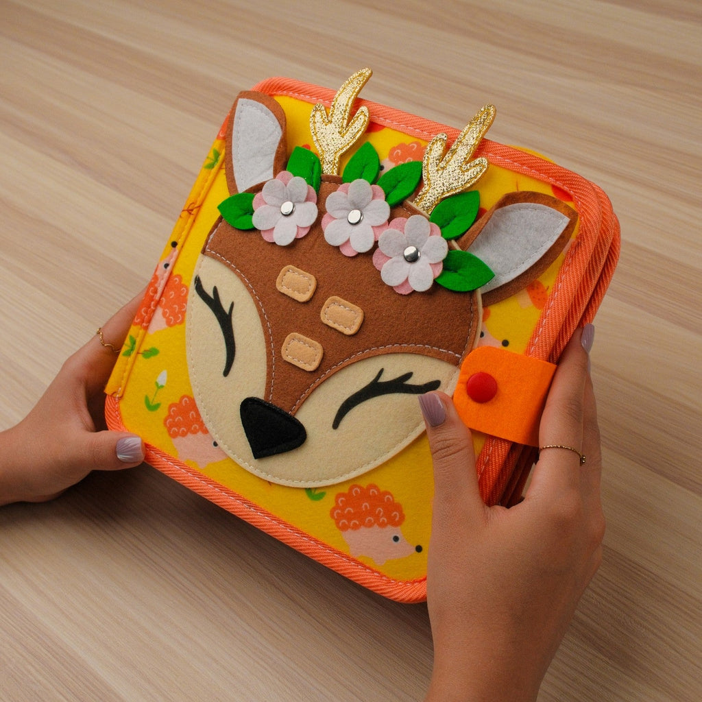 Deer Adventure Quiet Book — Crane & Blocks, Lacing Barn & Colour Pencil Matching