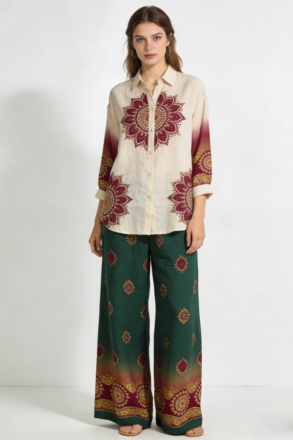 Women's Boho Mandala Print Linen 2-Piece Co-Ord Set - Beige Shirt & Green Wide Leg Pants for Festival Vacation Casual Wear