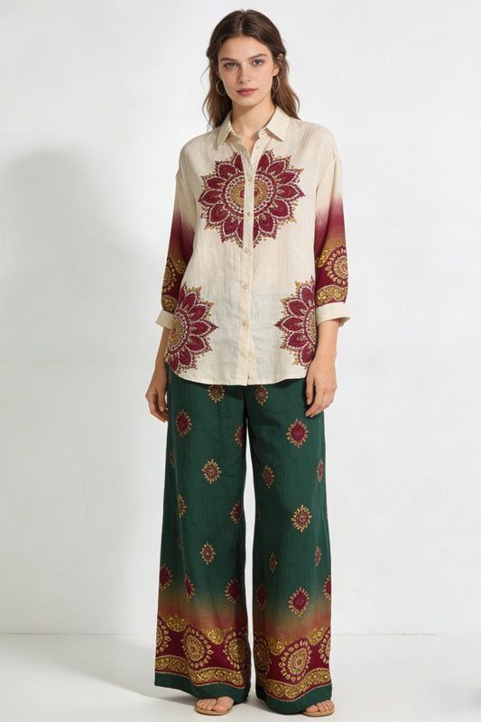 Women's Boho Mandala Print Linen 2-Piece Co-Ord Set - Beige Shirt & Green Wide Leg Pants for Festival Vacation Casual Wear