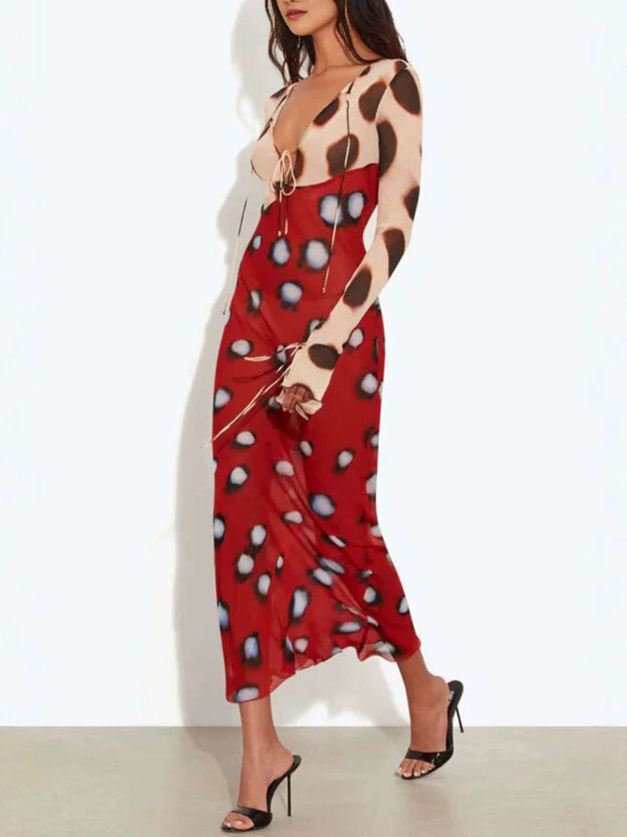 Two-Tone Gradient Dot Print Deep V Tie Front Flare Long Sleeve Mermaid Maxi Dress