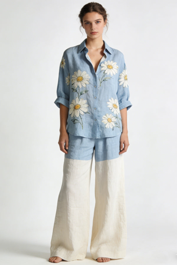 Women's Daisy Print Linen 2-Piece Co-Ord Set - Blue Shirt & Color Block Wide Leg Pants for Summer Vacation Casual Wear