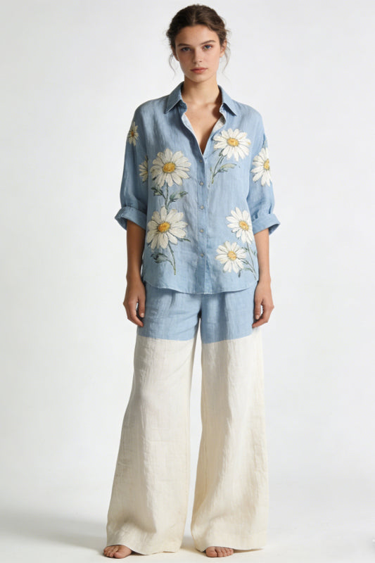 Women's Daisy Print Linen 2-Piece Co-Ord Set - Blue Shirt & Color Block Wide Leg Pants for Summer Vacation Casual Wear