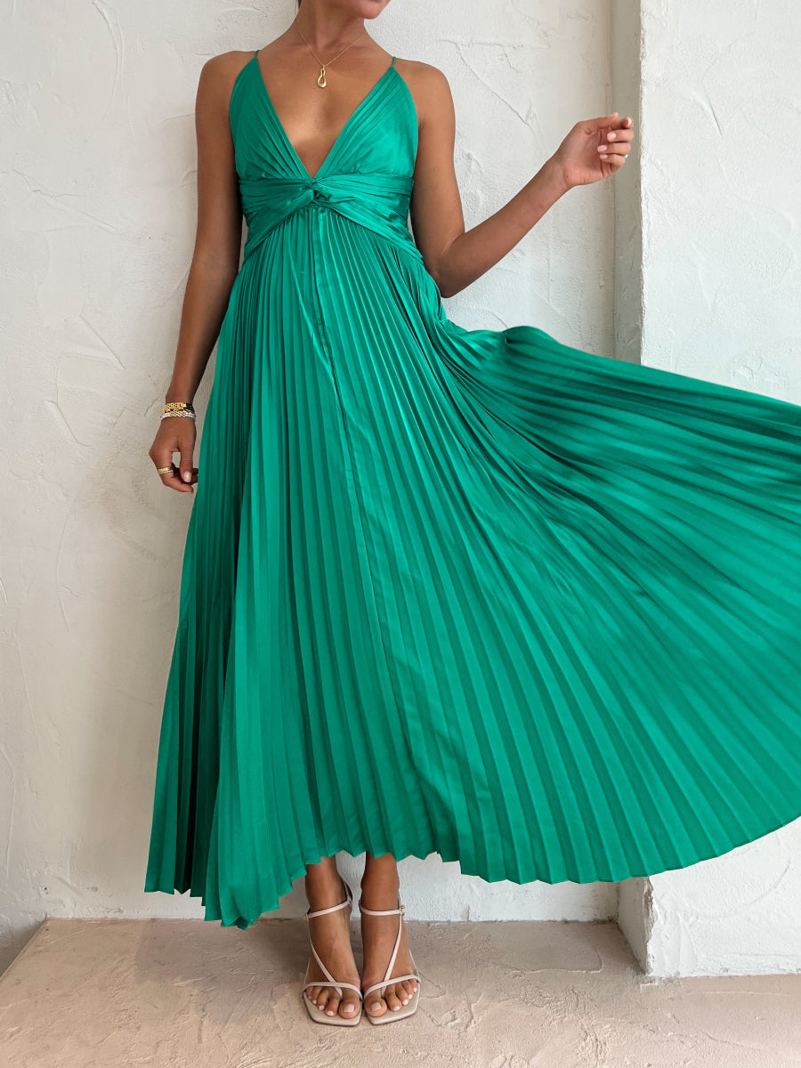 Satin Spaghetti Strap Deep V Twist Waist Pleated Maxi Dress
