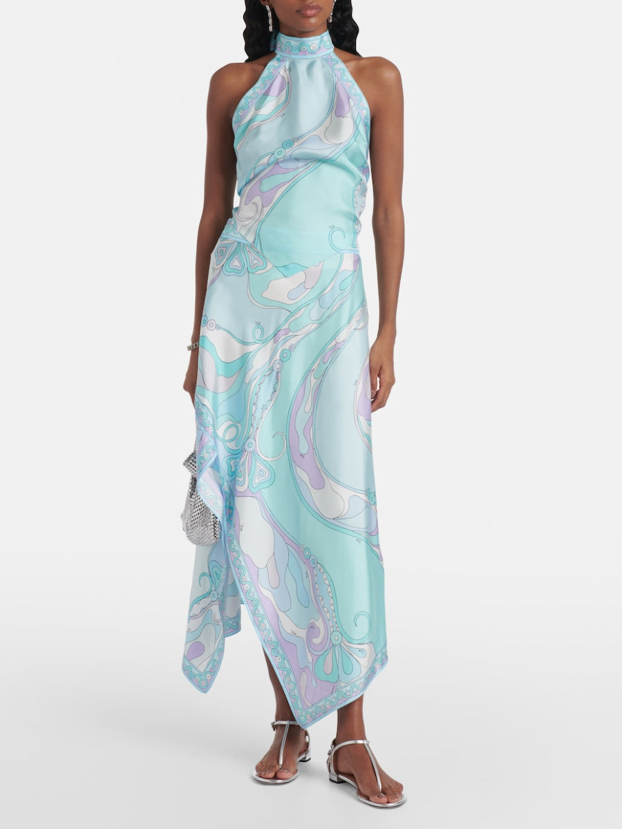 Light Mint Abstract Graphic Sleeveless Halter Top Asymmetric Midi Skirt Matching Set