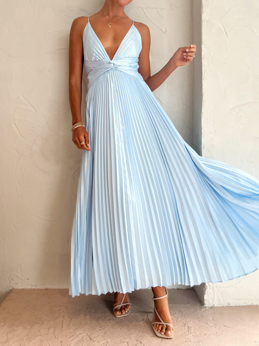 Satin Spaghetti Strap Deep V Twist Waist Pleated Maxi Dress Secondary image