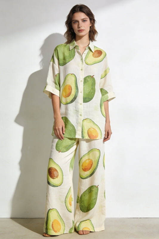 Women's Avocado Print Linen 2-Piece Co-Ord Set - Oversized Short Sleeve Shirt & Wide Leg Pants for Summer Beach Vacation Casual Wear