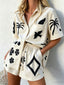 Cream Linen Black Abstract Palm Bird Floral Print Shirt Short Two Piece Matching Co-ord Set