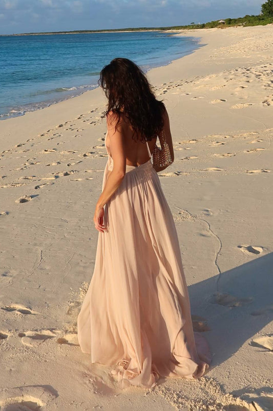 Women's Blush Halter Neck Chiffon Maxi Dress - Deep V Neck Sleeveless Flowy Gown for Wedding Guest & Formal Events