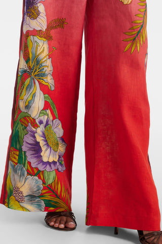 Women's Red Ombre Floral Print Linen 2-Piece Co-Ord Set - Short Sleeve Shirt & Wide Leg Pants for Summer Resort Wear