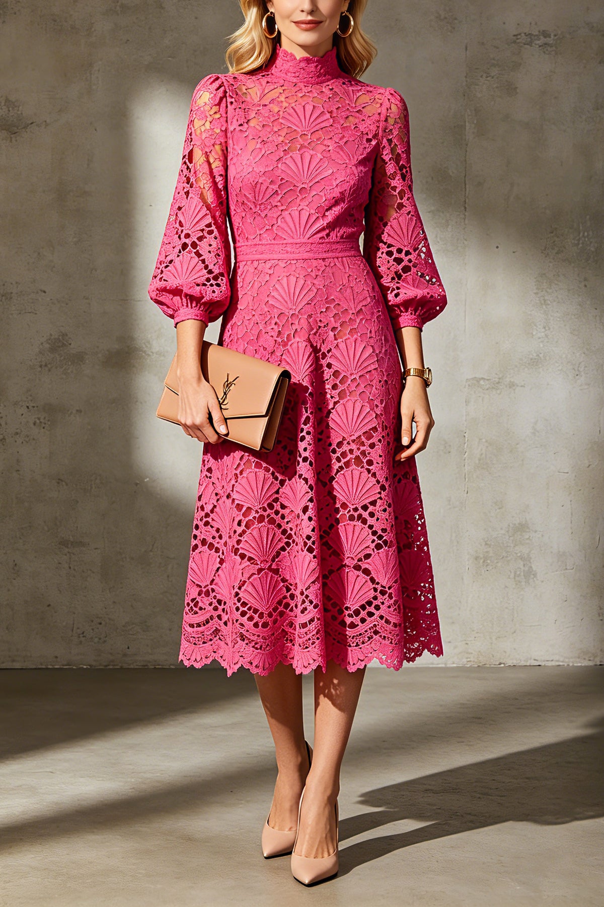 Lace High Neck Balloon Sleeve Midi Dress with Scalloped Hem