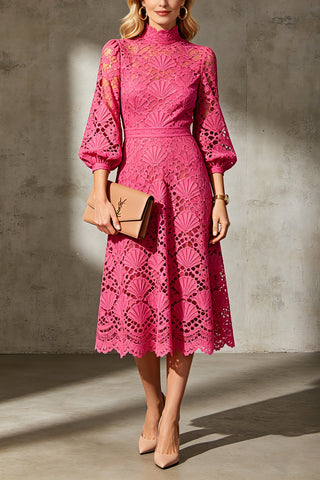 Lace High Neck Balloon Sleeve Midi Dress with Scalloped Hem