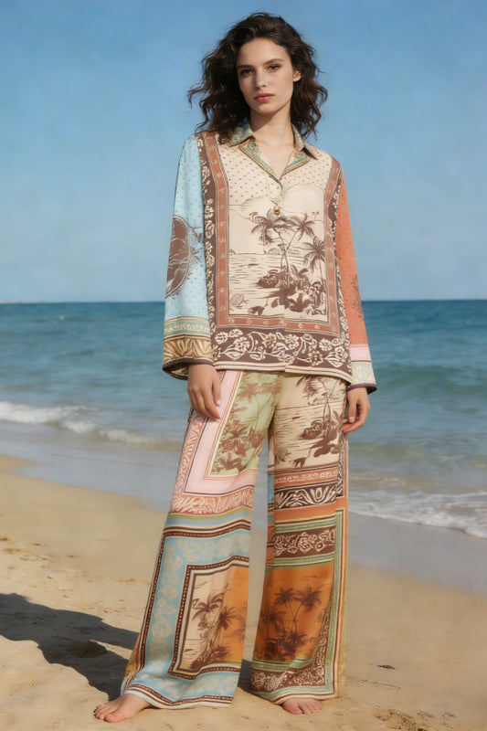 Women's Boho Palm Tree Patchwork Print 2-Piece Co-Ord Set - Oversized Shirt & Wide Leg Pants for Summer Beach Vacation