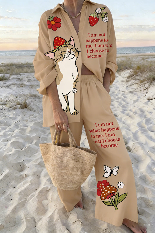 Women's Beige Strawberry Cat Quote Graphic 2-Piece Co-Ord Set - Oversized Shirt & Wide Leg Pants for Summer Casual Beach Vacation
