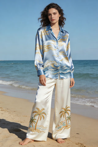 Women's Satin 2-Piece Loungewear Set - Blue Wave Embroidered Shirt & Ivory Palm Tree Pants for Beach Vacation Casual Wear