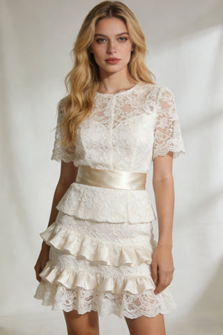 Women's Ivory Lace Short Sleeve Ruffled Mini Dress with Satin Belt - Elegant Bridal Shower Cocktail Party Dress