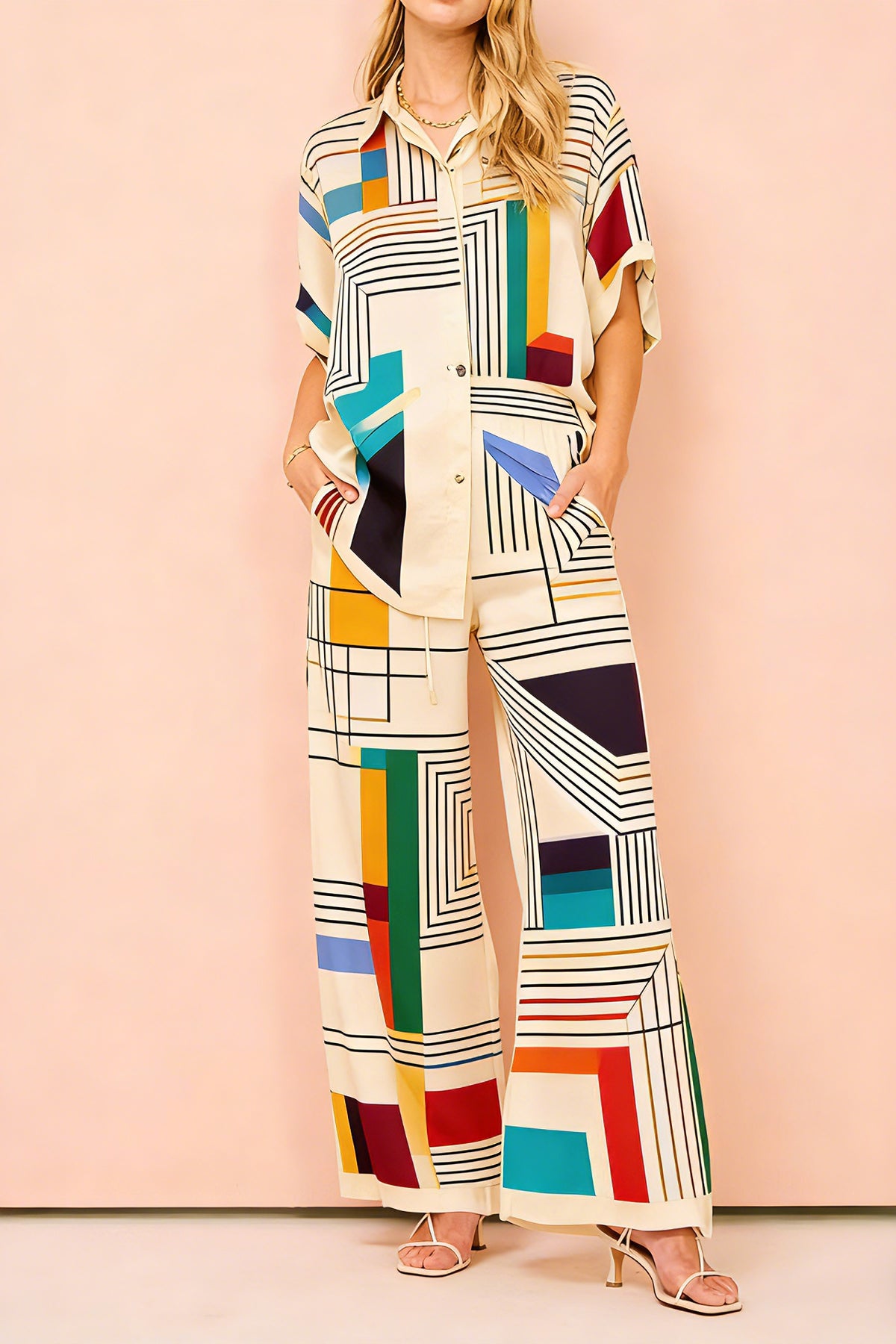 Women's Modern Geometric Color Block 2-Piece Co-Ord Set - Short Sleeve Shirt & Wide Leg Pants for Artistic Casual Cocktail Wear