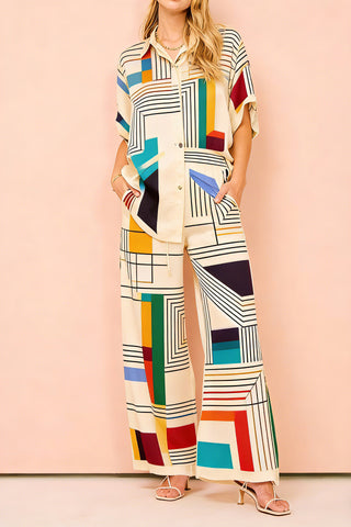 Women's Modern Geometric Color Block 2-Piece Co-Ord Set - Short Sleeve Shirt & Wide Leg Pants for Artistic Casual Cocktail Wear