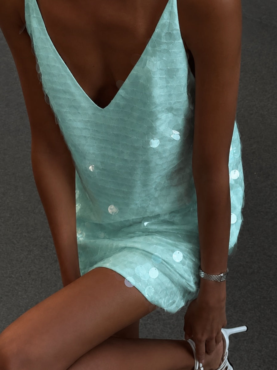 Women Shiny Oversized Paillette Sleeveless Short Club Dress