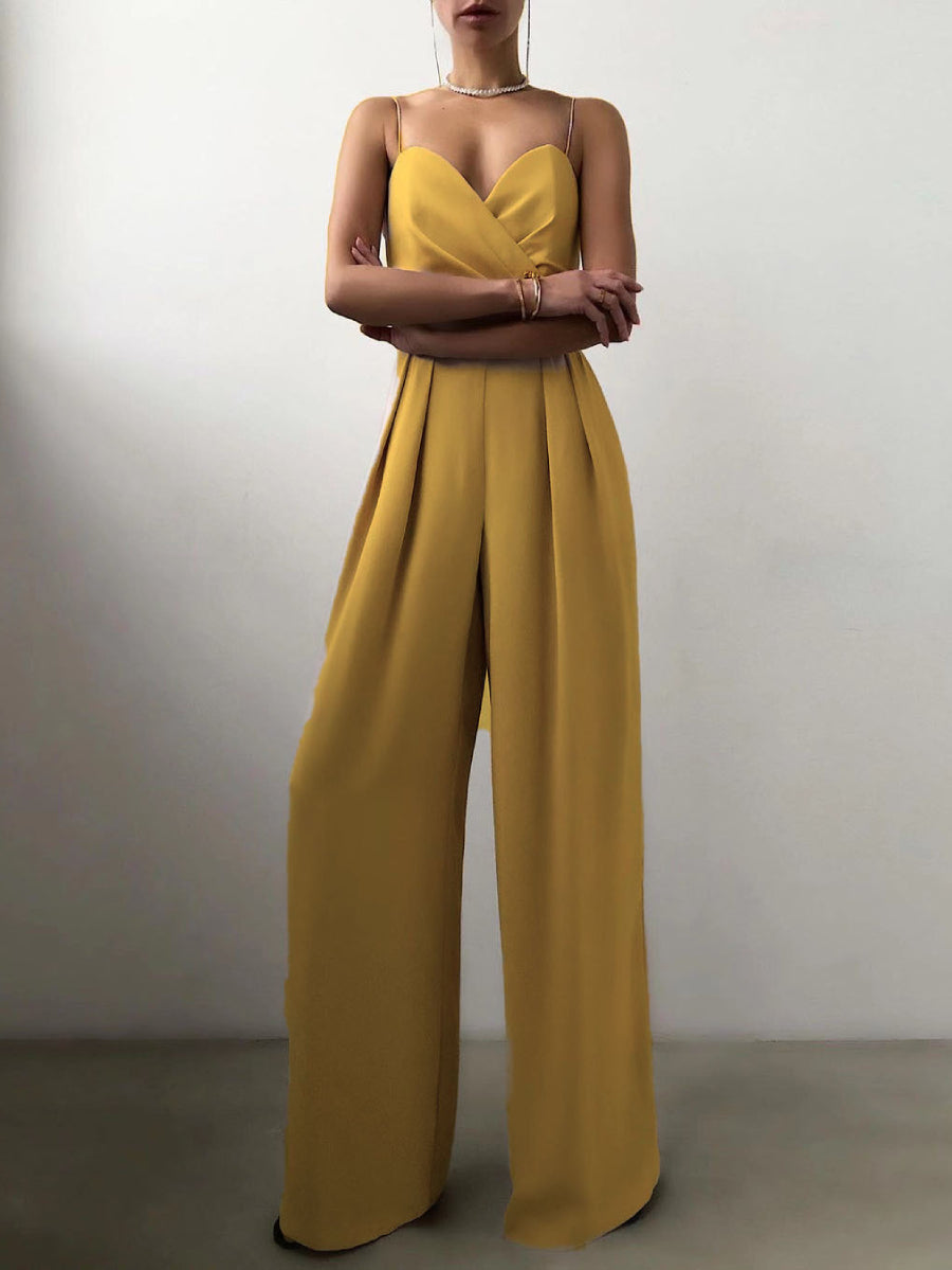 Women Satin Fold Ruched Bust Thin Strap Jumpsuit