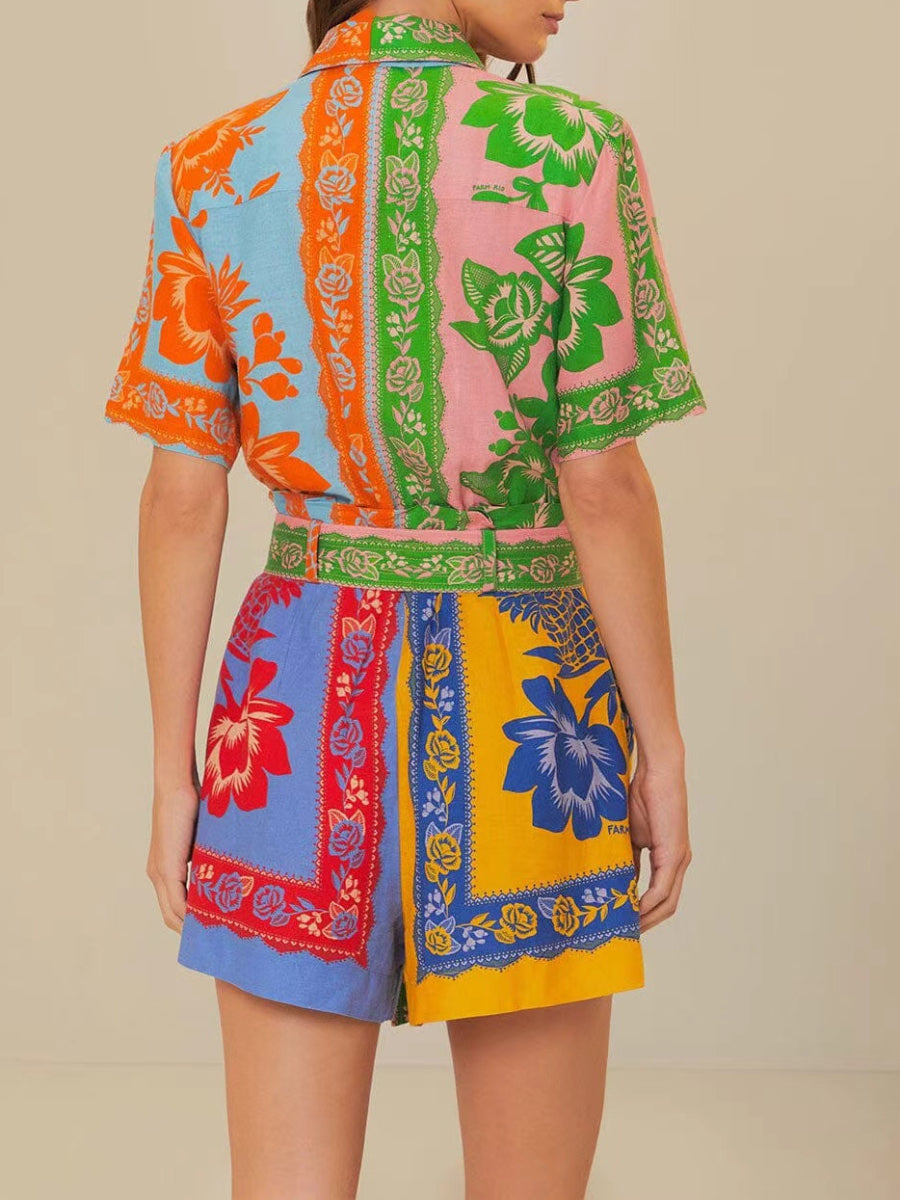 Colorful Patchwork Tropical Parrot Floral Print Belted Shirt Romper