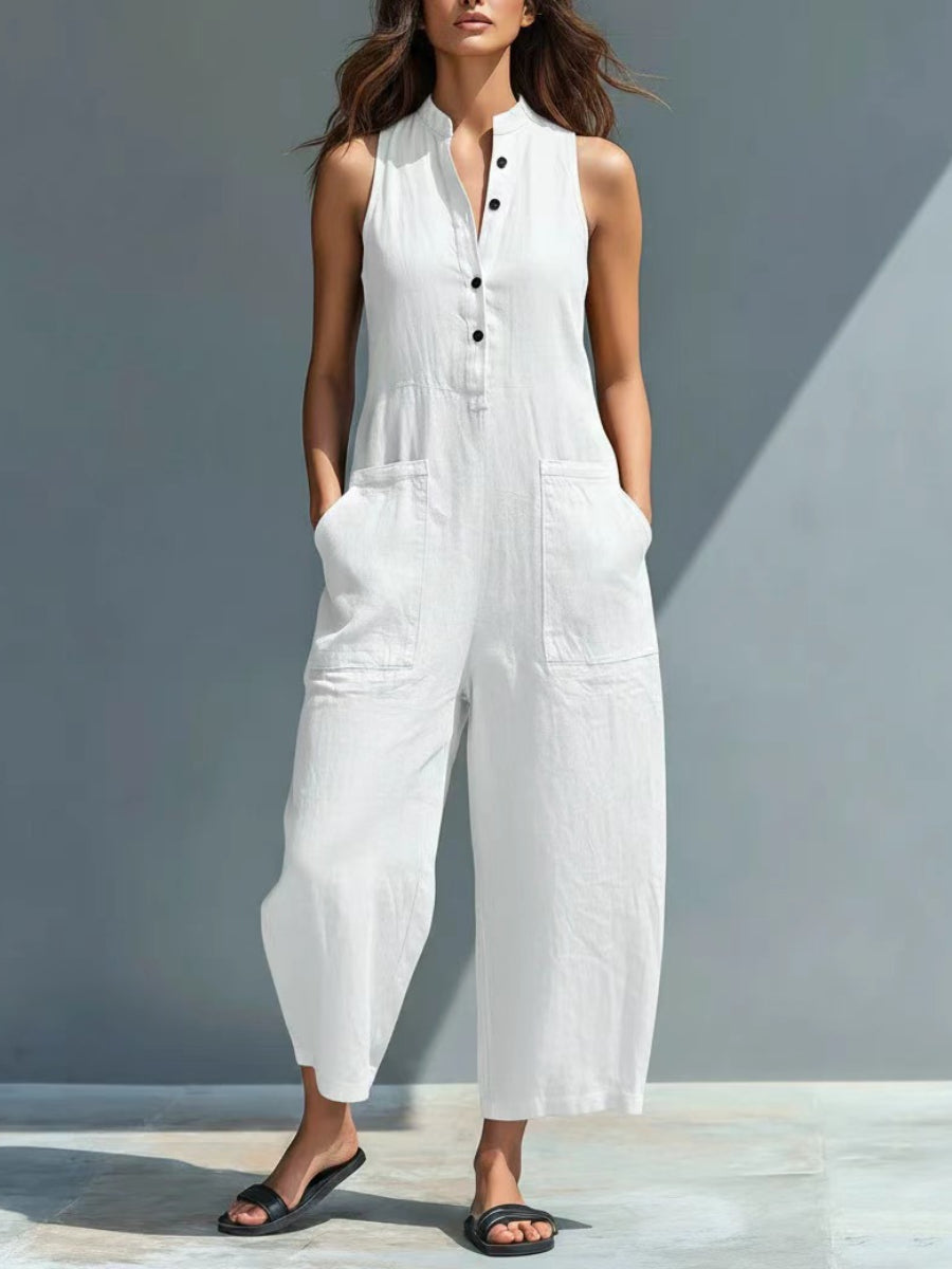 Minimalist Solid Black Pocket Detail Sleeveless Half Placket Linen Wide Leg Jumpsuit