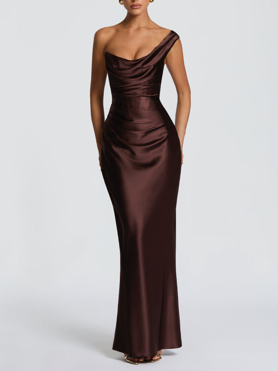 One Shoulder Cowl Neck Boned Corset Ruched Satin Mermaid Maxi  Dress