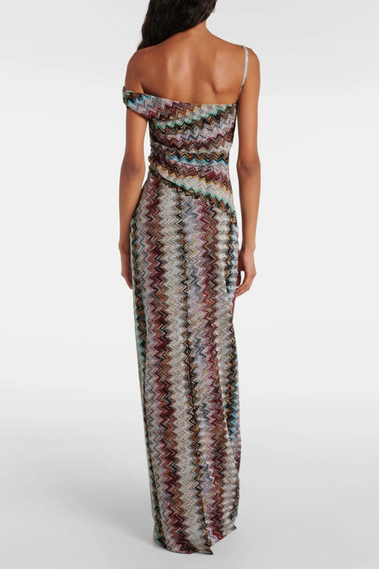 Women's Multicolor Chevron Knit One Shoulder Maxi Dress - Sleeveless Bodycon Formal Gown for Evening Events
