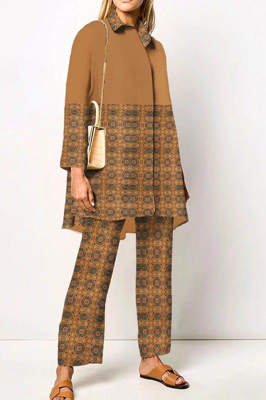 Vintage Patchwork Elegant Shirt Two-Piece Set