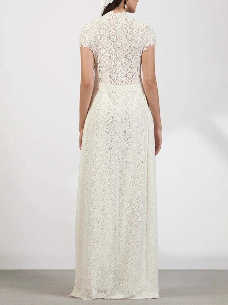 Floral Lace Cutout High Neck Wide Leg Pants Two Piece Matching Set