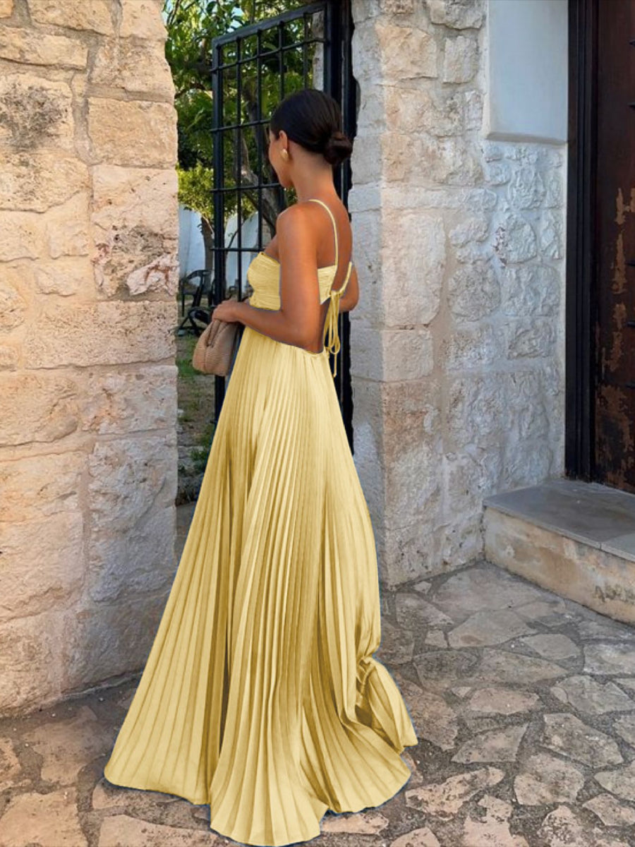 Halter Cross Strap Keyhole Cutout Side Waist Hollow Pleated Chiffon Maxi Dress