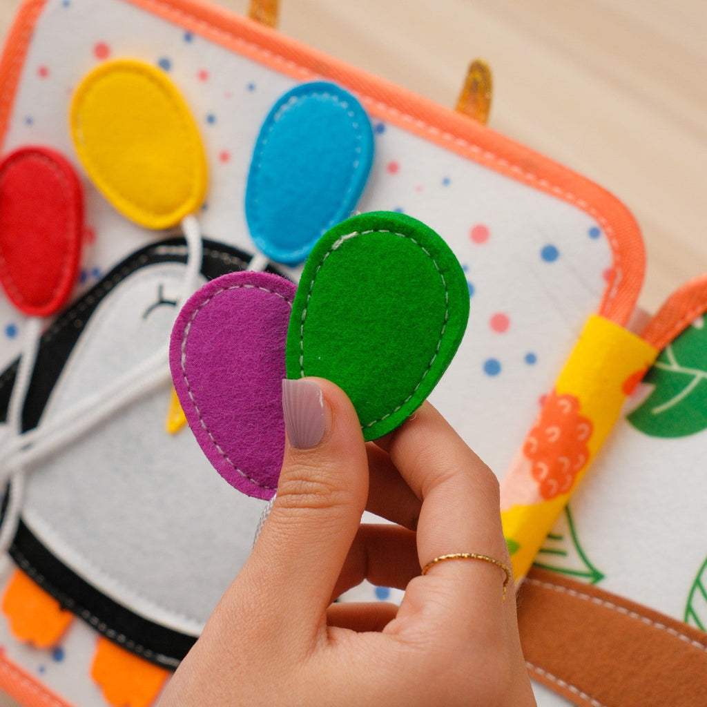 Deer Adventure Quiet Book — Crane & Blocks, Lacing Barn & Colour Pencil Matching