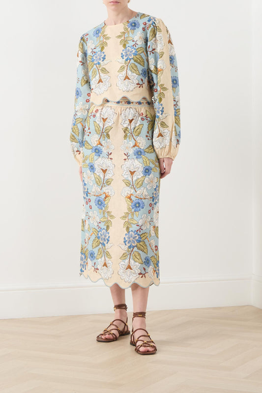 Women's Vintage Floral Print Linen Midi Dress - Puff Sleeve Cutout Waist Scalloped Hem Boho Dress for Summer Garden Party