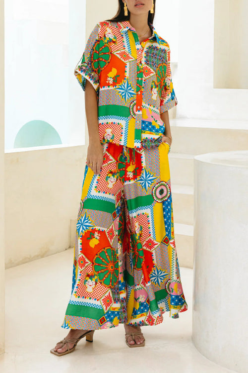 Vibrant multicolor folk-patchwork short-sleeve shirt and wide-leg pants two-piece set