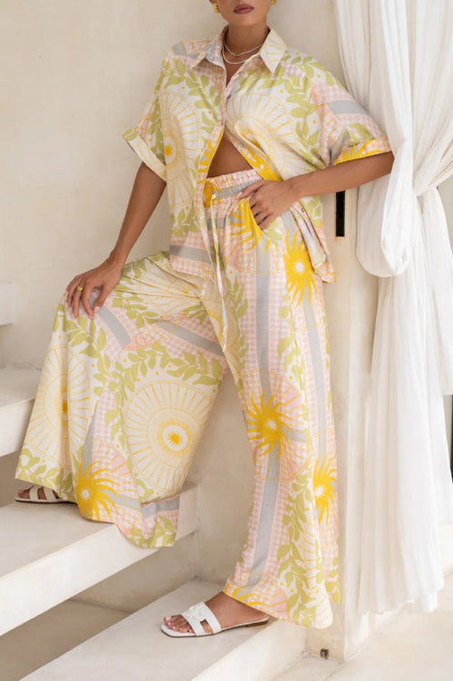 Pastel green, yellow and pink sun-medallion linen-blend short-sleeve shirt and wide-leg pants set