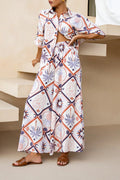 Multicolor printed linen-blend short-sleeve maxi shirt dress at ankle length for vacation