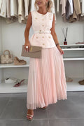 Pink sleeveless tweed-style vest with mesh pleated skirt two-piece set