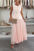 Sleeveless Chanel style vest vest mesh pleated skirt two-piece set