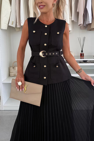 Sleeveless Chanel style vest vest mesh pleated skirt two-piece set