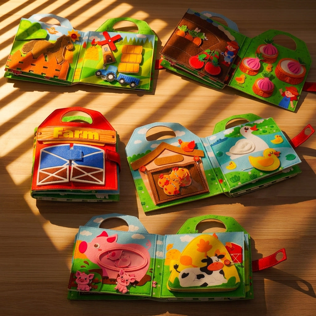 Farm Adventure Quiet Book with Handle — Finger Puppets, Sliding Duck & Counting Harvest