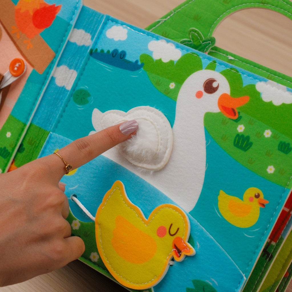 Farm Adventure Quiet Book with Handle — Finger Puppets, Sliding Duck & Counting Harvest