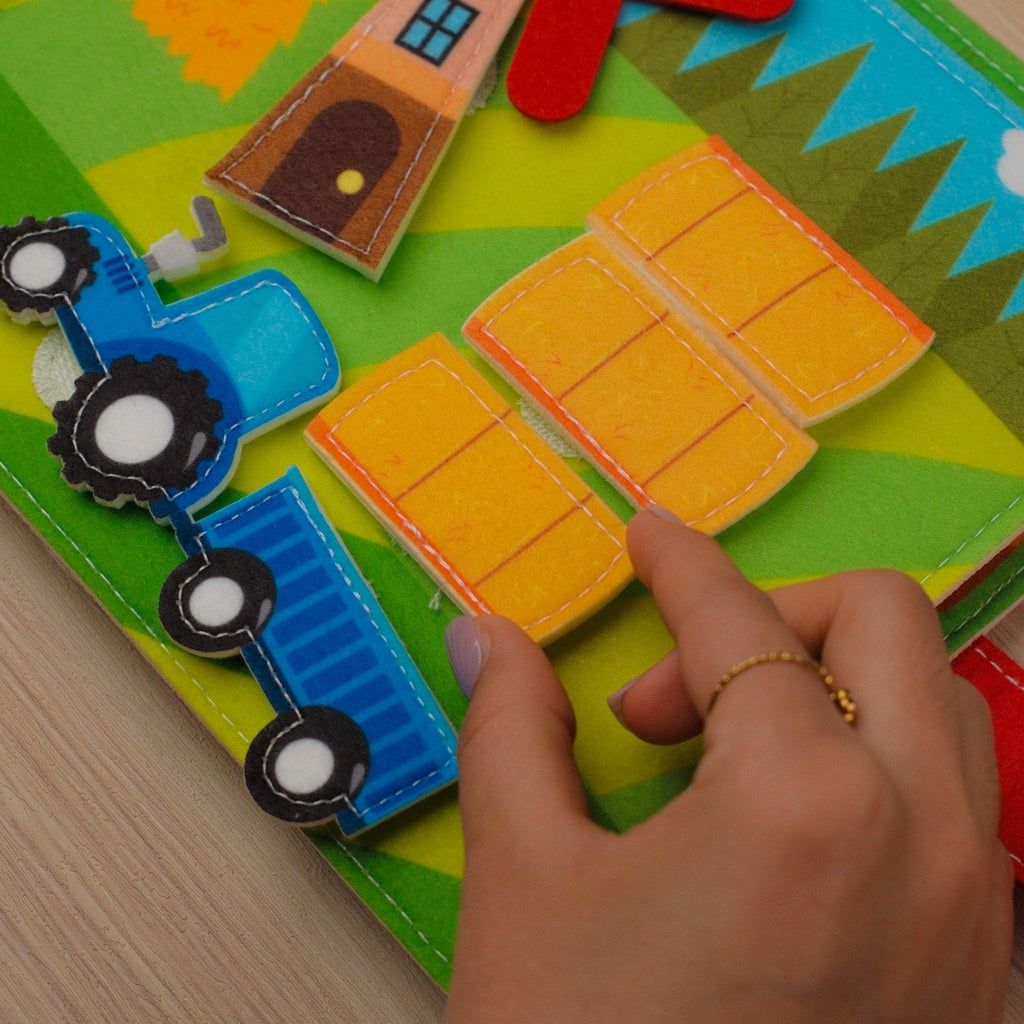 Farm Adventure Quiet Book with Handle — Finger Puppets, Sliding Duck & Counting Harvest