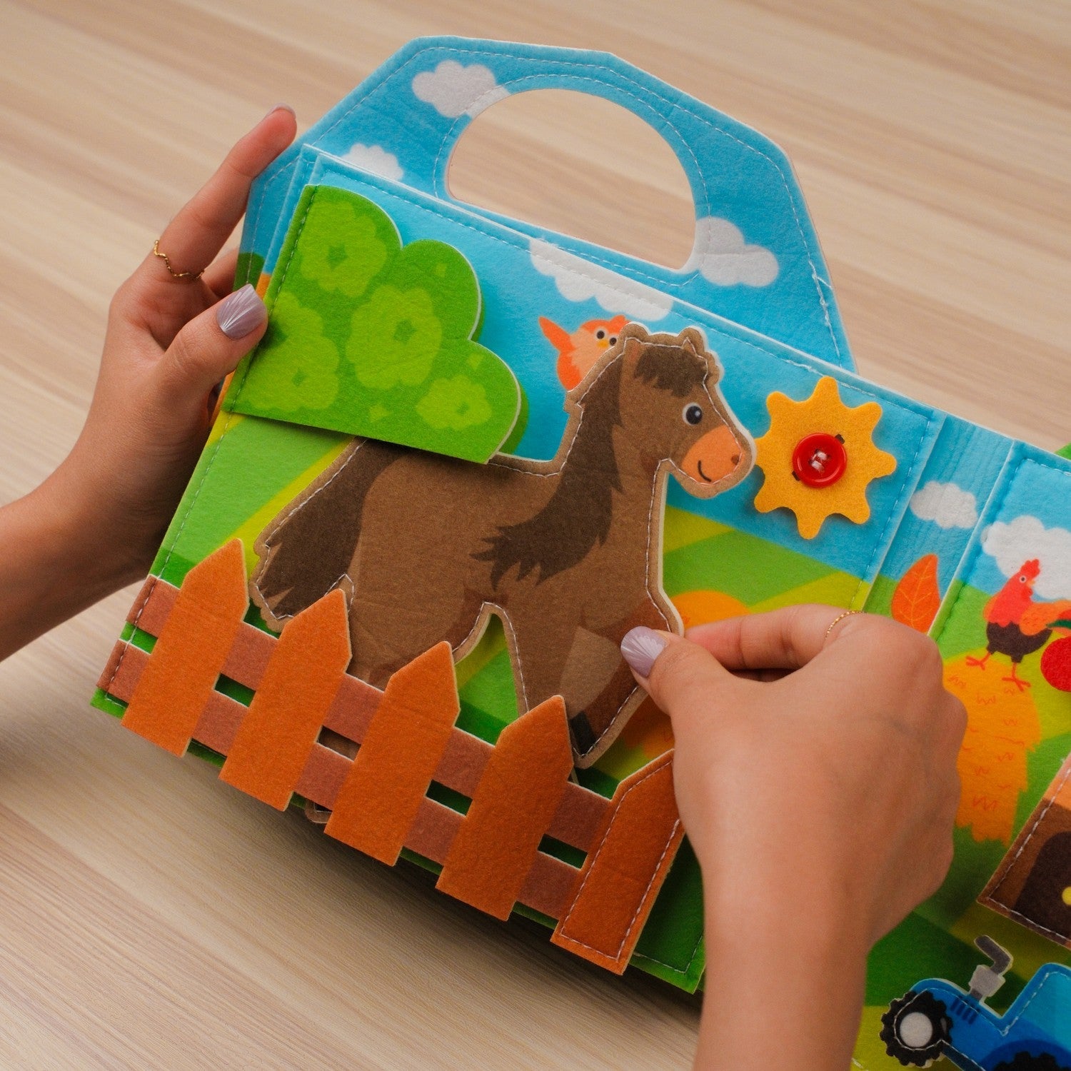 Farm Adventure Quiet Book with Handle — Finger Puppets, Sliding Duck & Counting Harvest