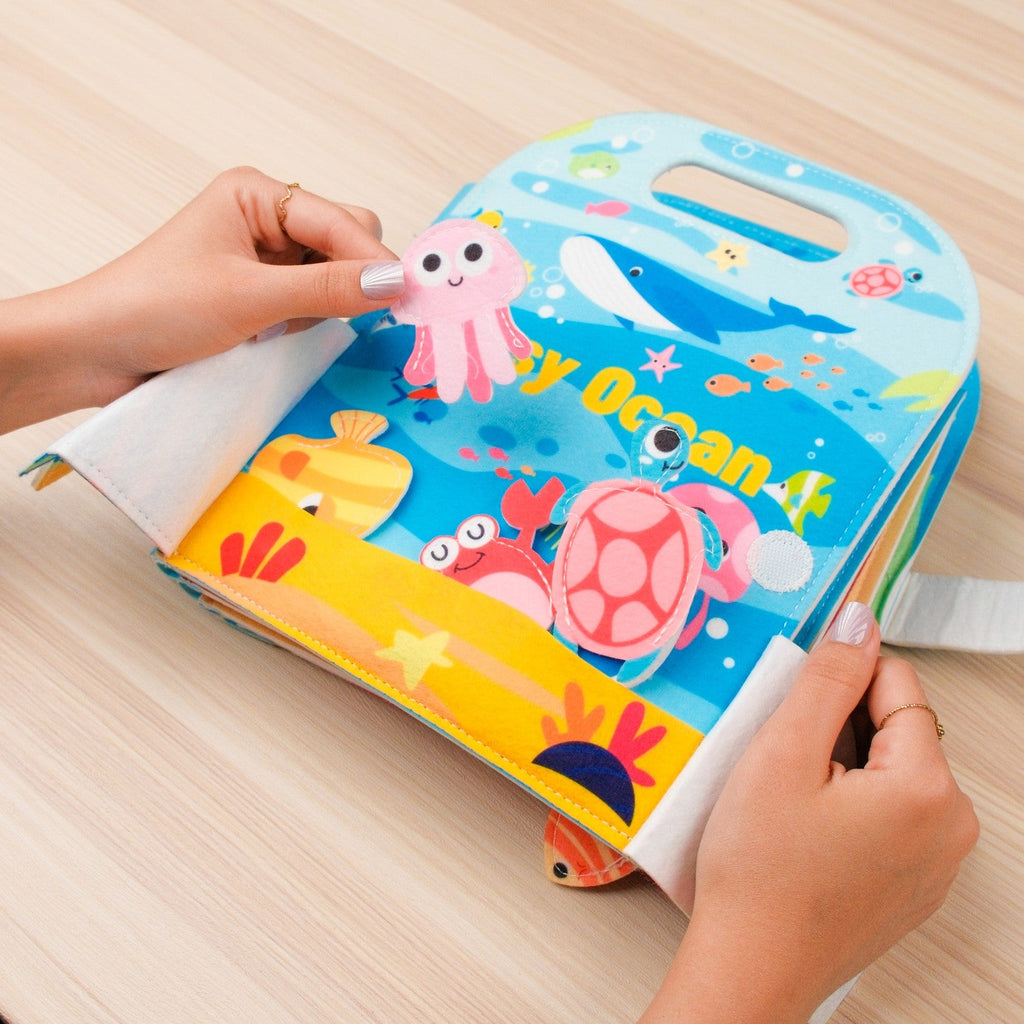 Blue Ocean Quiet Book with Handle — Shark Hideout, Squeaky Crab & Shape Fish Matching