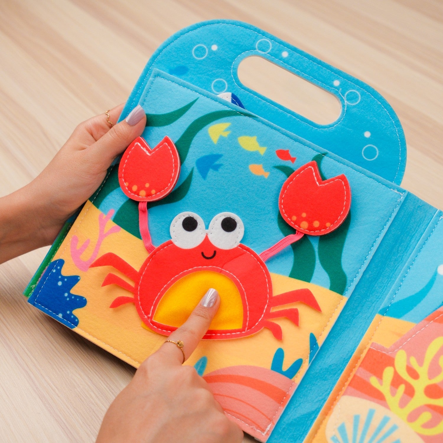Blue Ocean Quiet Book with Handle — Shark Hideout, Squeaky Crab & Shape Fish Matching