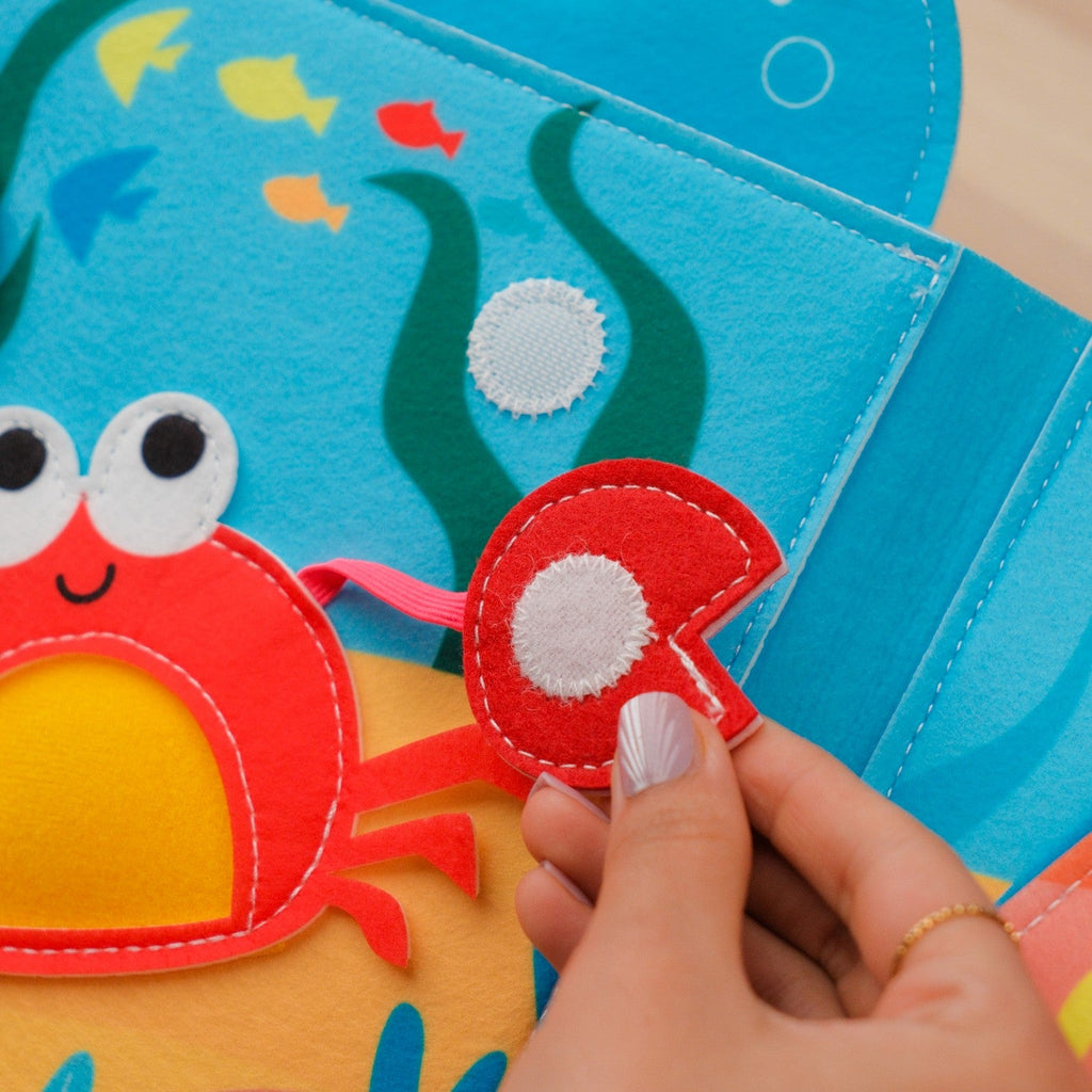 Blue Ocean Quiet Book with Handle — Shark Hideout, Squeaky Crab & Shape Fish Matching