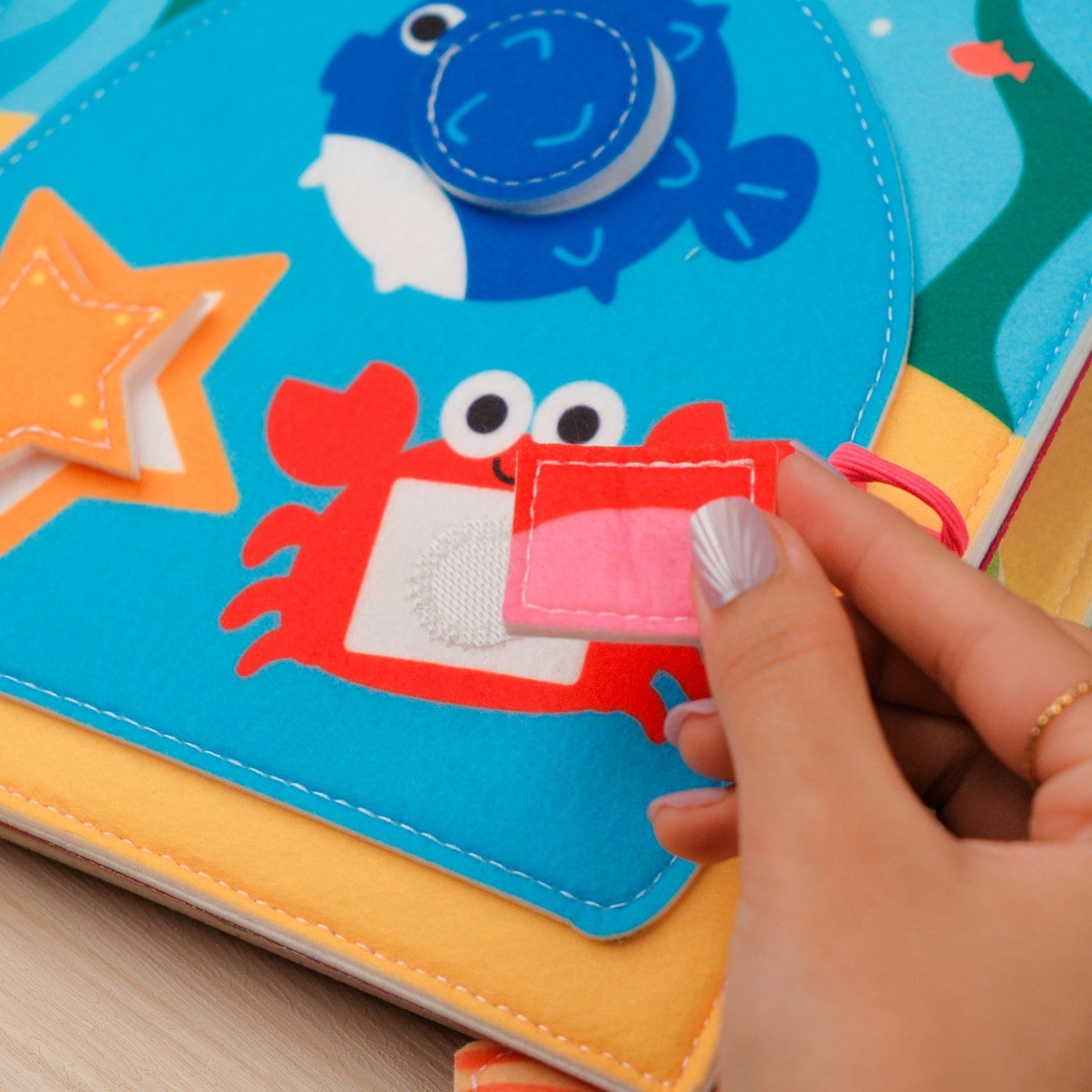Blue Ocean Quiet Book with Handle — Shark Hideout, Squeaky Crab & Shape Fish Matching