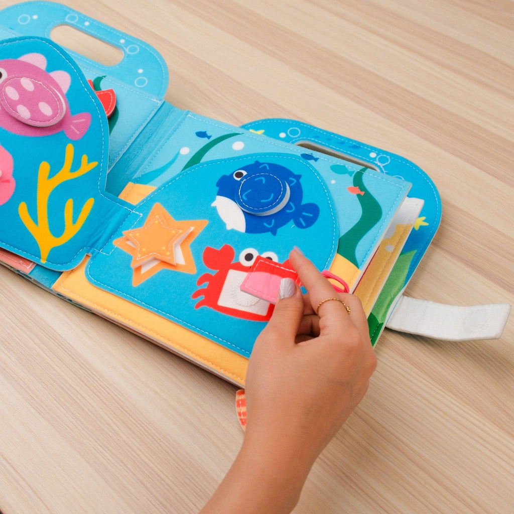 Blue Ocean Quiet Book with Handle — Shark Hideout, Squeaky Crab & Shape Fish Matching