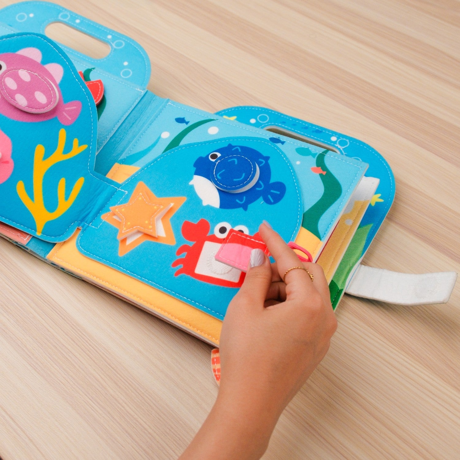 Blue Ocean Quiet Book with Handle — Shark Hideout, Squeaky Crab & Shape Fish Matching