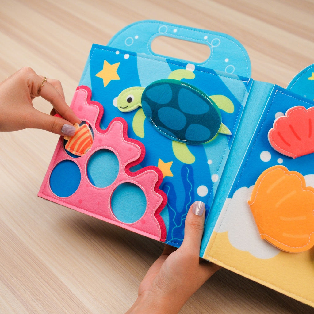 Blue Ocean Quiet Book with Handle — Shark Hideout, Squeaky Crab & Shape Fish Matching