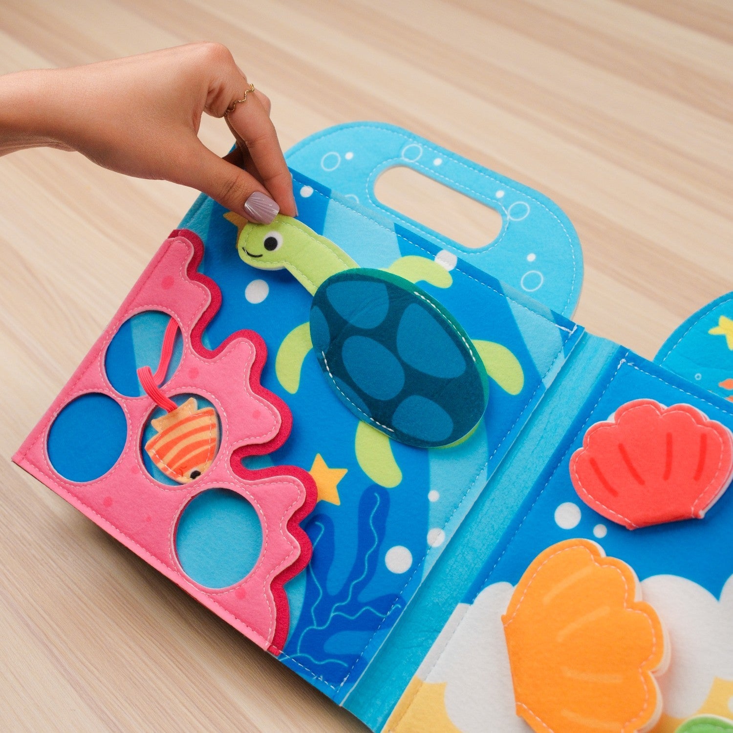 Blue Ocean Quiet Book with Handle — Shark Hideout, Squeaky Crab & Shape Fish Matching